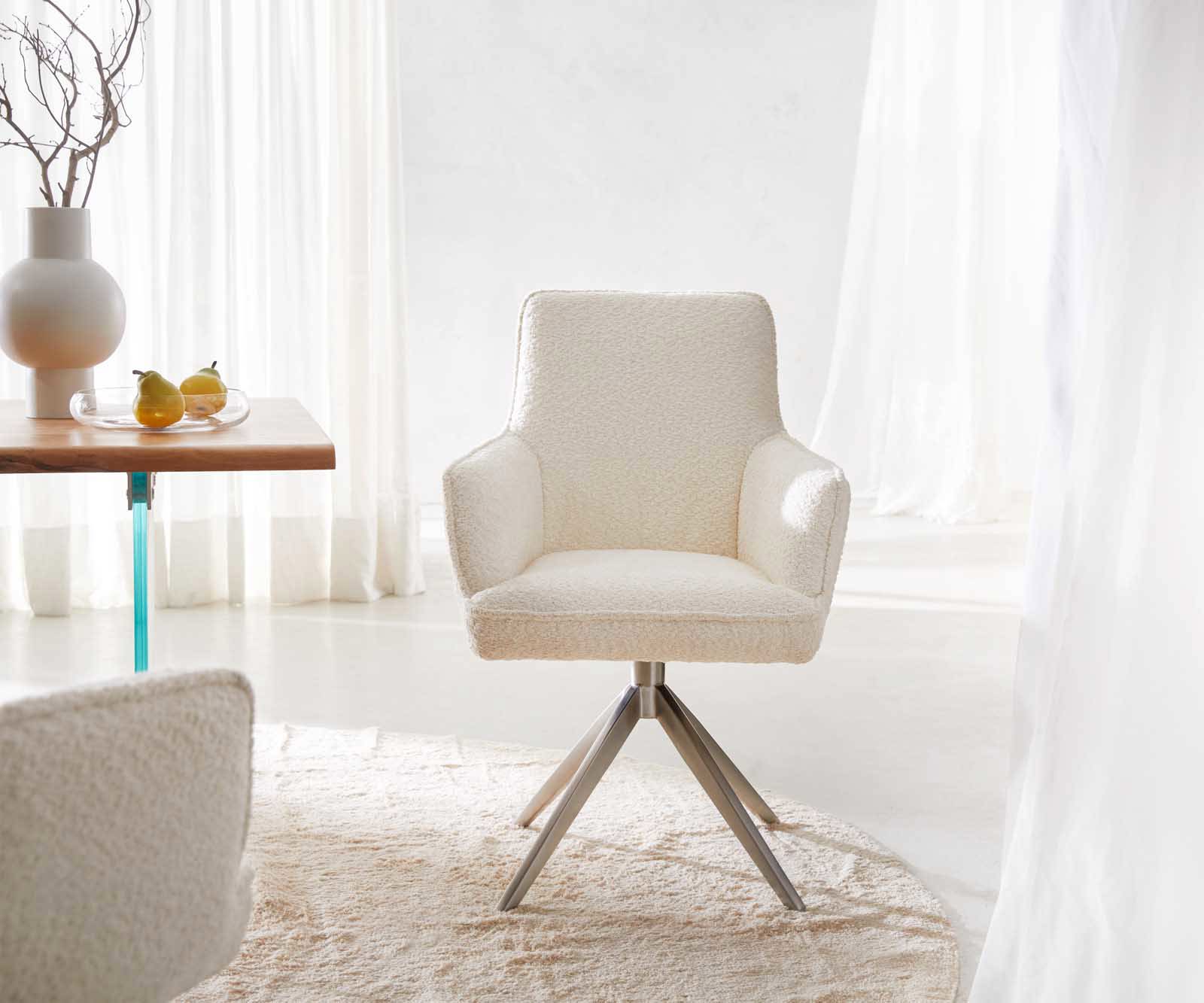 Draaistoel Heira-Flex met armleuning bouclé wit kruisframe breed roestvrij staal 360° draaibaar pocketveer kern 1 Draaistoel Heira-Flex met armleuning bouclé wit kruisframe breed roestvrij staal 360° draaibaar pocketveer kern 1