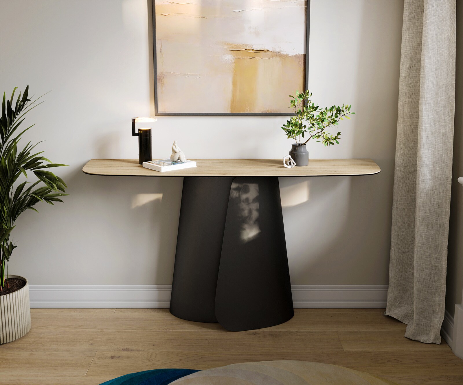 Consoletafel Edge Bootvorm 140x40 cm Keramiek Laminam® Sabbia Eichefarbig Livos Metaal Zwart 1