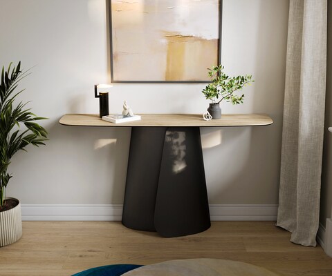 Consoletafel Edge Bootvorm 140x40 cm Keramiek Laminam® Sabbia Eichefarbig Livos Metaal Zwart