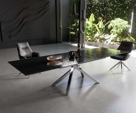 Eetkamertafel Edge 200-300x100 Glas smelten rokerig zwart 3D-Relief kruisframe rechthoek RVS uitschuifbaar