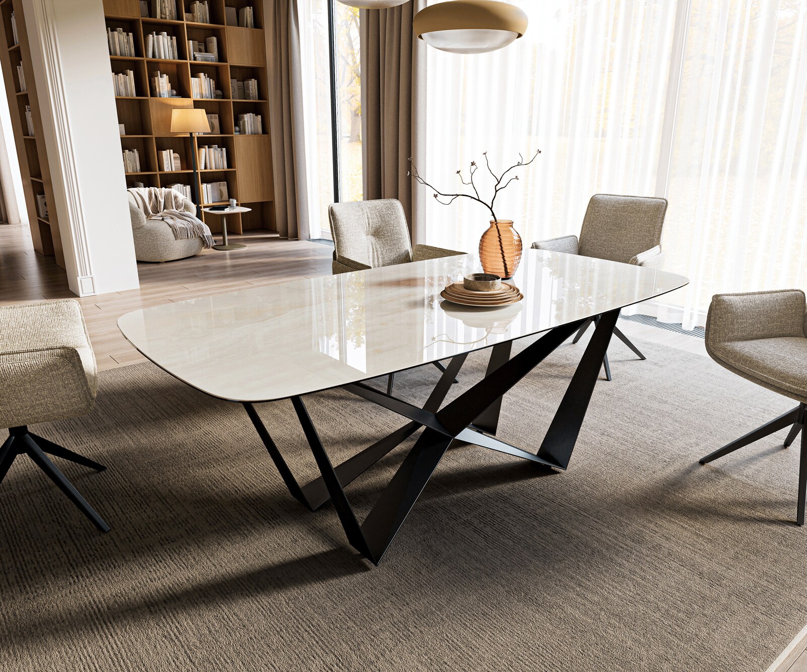 Eettafel Edge boot 200x100 cm keramiek Onyx Champagne Spider platstaal zwart 1