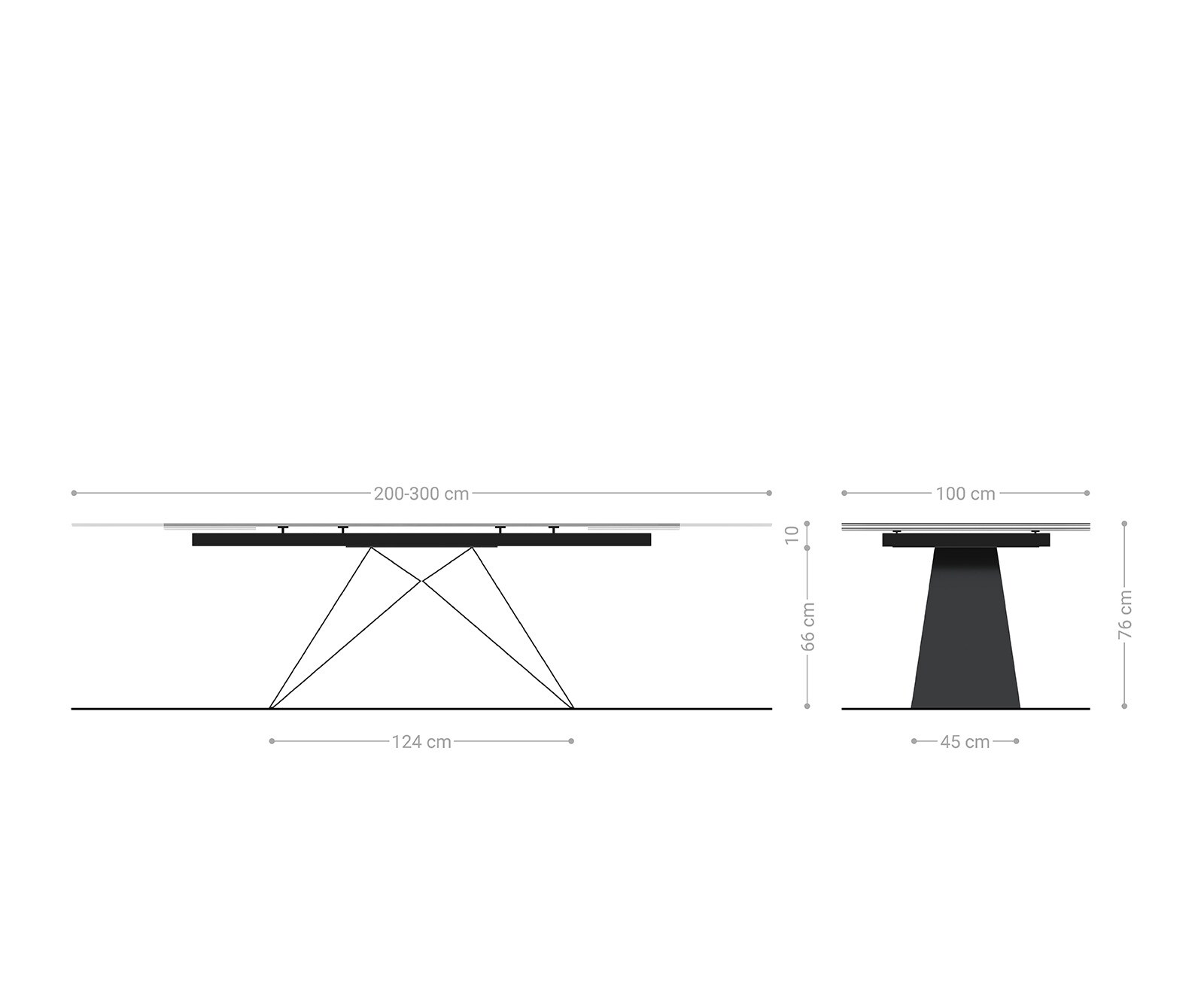 Eetkamertafel Edge 200-300x100 keramiek Laminam®Nero Greco grijs V-frame vlak staal zwart uitschuifbaar 6
