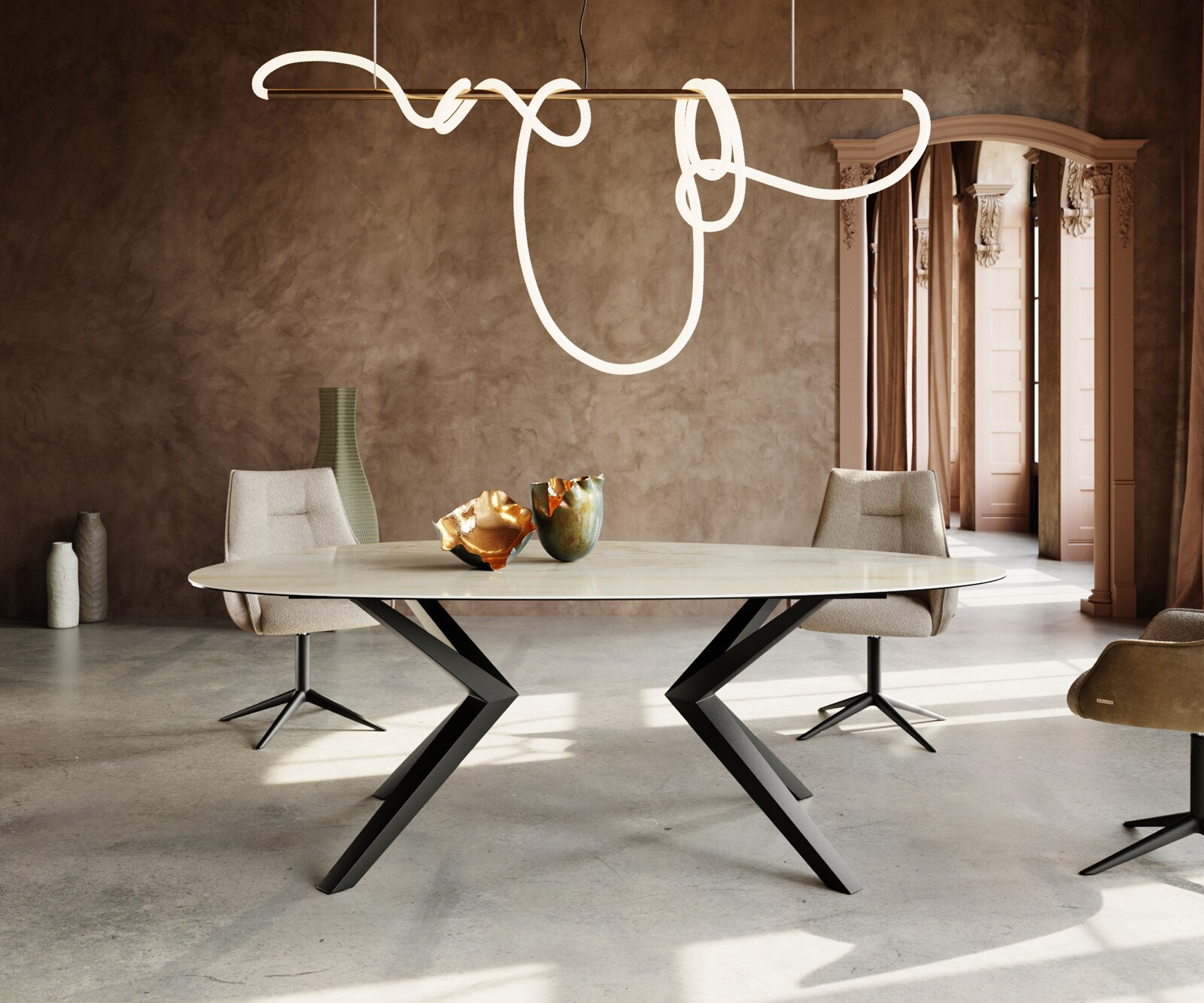 Eetkamertafel Edge ovaal 220x120 keramiek Iris FMG Onice Oro Zenthara hoekig metaal zwart 1