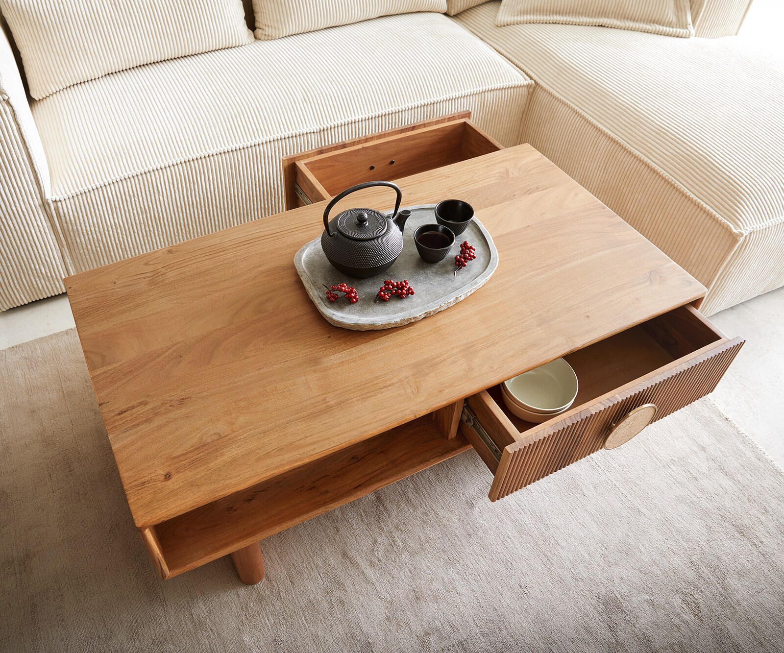 Salontafel Surimu 115x60 cm acacia lichtbruin 2 laden kurkgreep houten poten 3