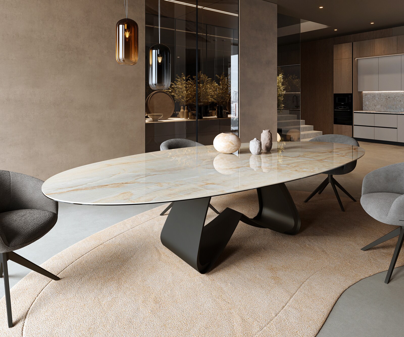 Eetkamertafel Edge Oval 315x150 cm Keramiek Iris FMG Onice Oro W-onderstel Metaal Zwart 1