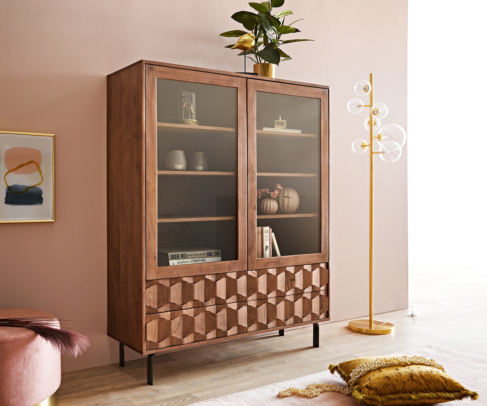 Vitrinekast Fevo 115x150 cm acacia bruin L-poot Vitrinekast Fevo 115x150 cm acacia bruin L-poot