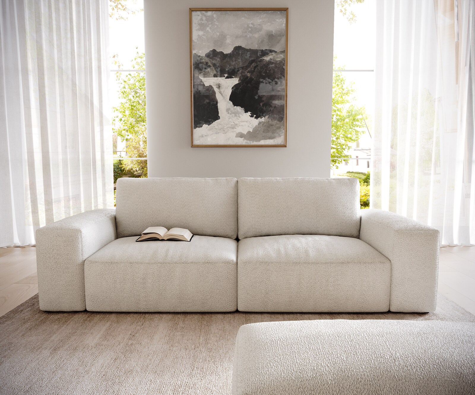 Big-sofa Lanzo 230x95 cm bouclé crème-wit met hocker 1