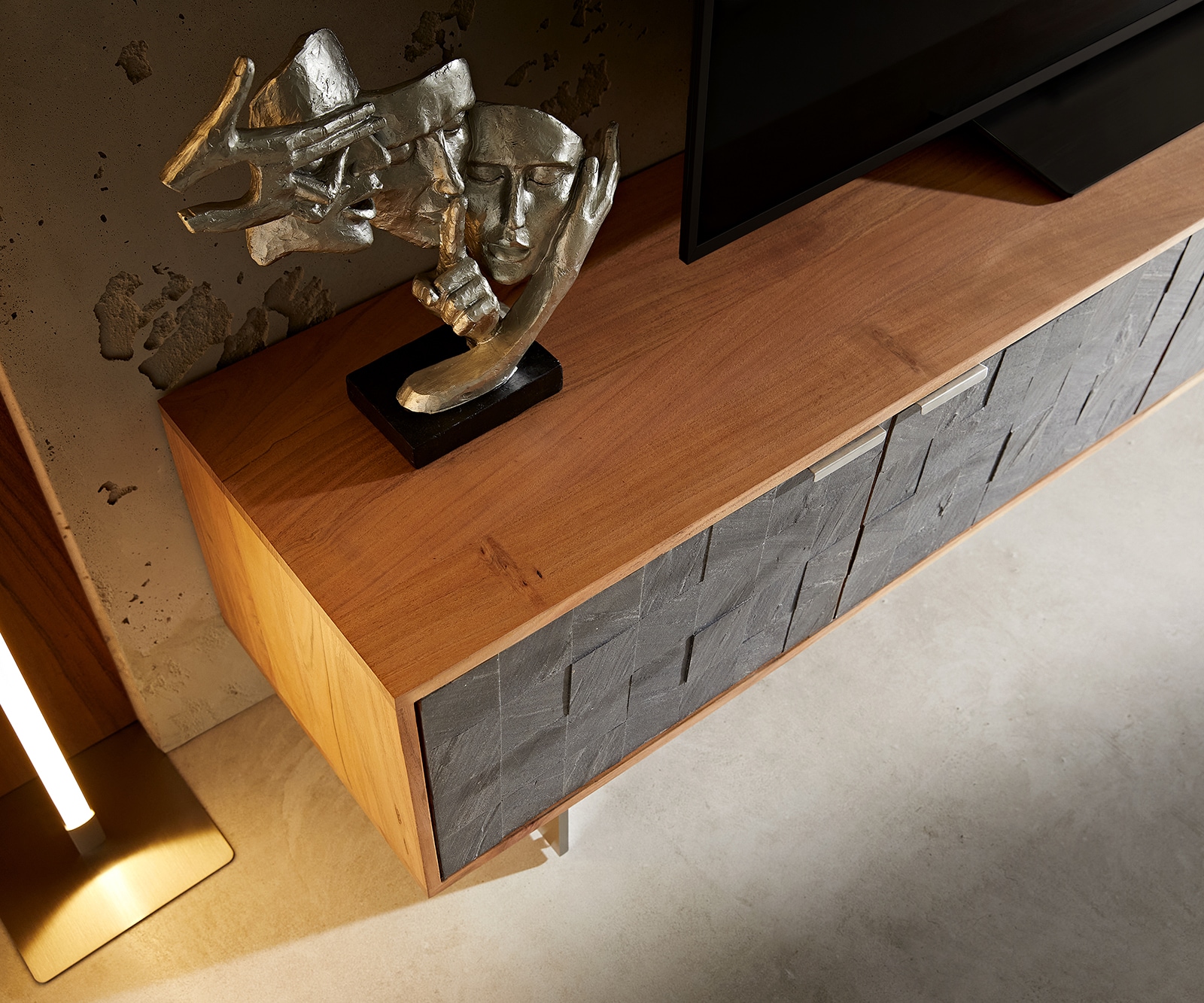 Tv-meubel Teele acacia natuur leisteen 220 cm 4 Deurs poot zwevend roestvrij staal 3 Tv-meubel Teele acacia natuur leisteen 220 cm 4 Deurs poot zwevend roestvrij staal 3