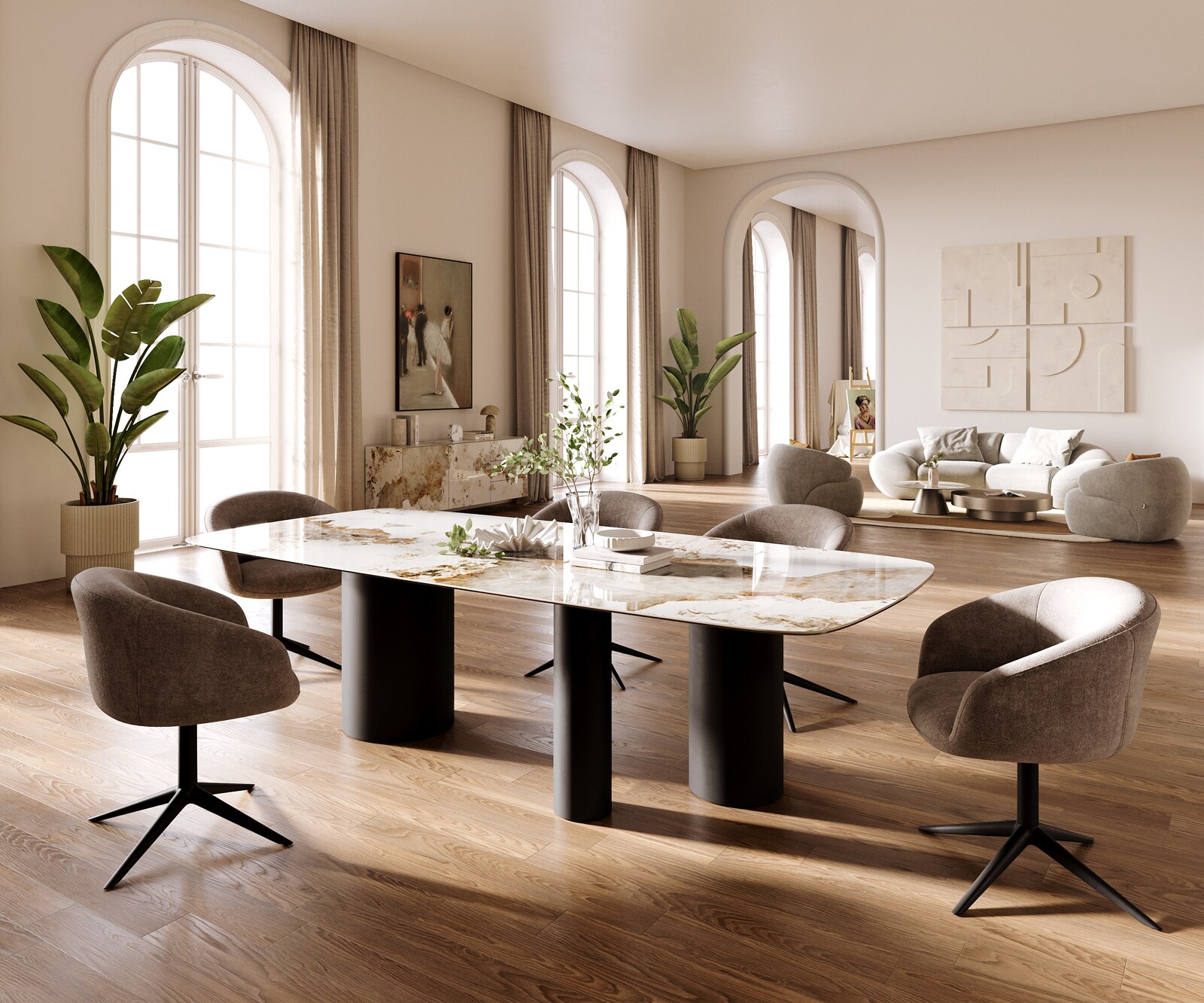 Eettafel Edge Boot 260x120 cm Keramiek Minas Melange Wit-Beige Troa Metaal Zwart 6