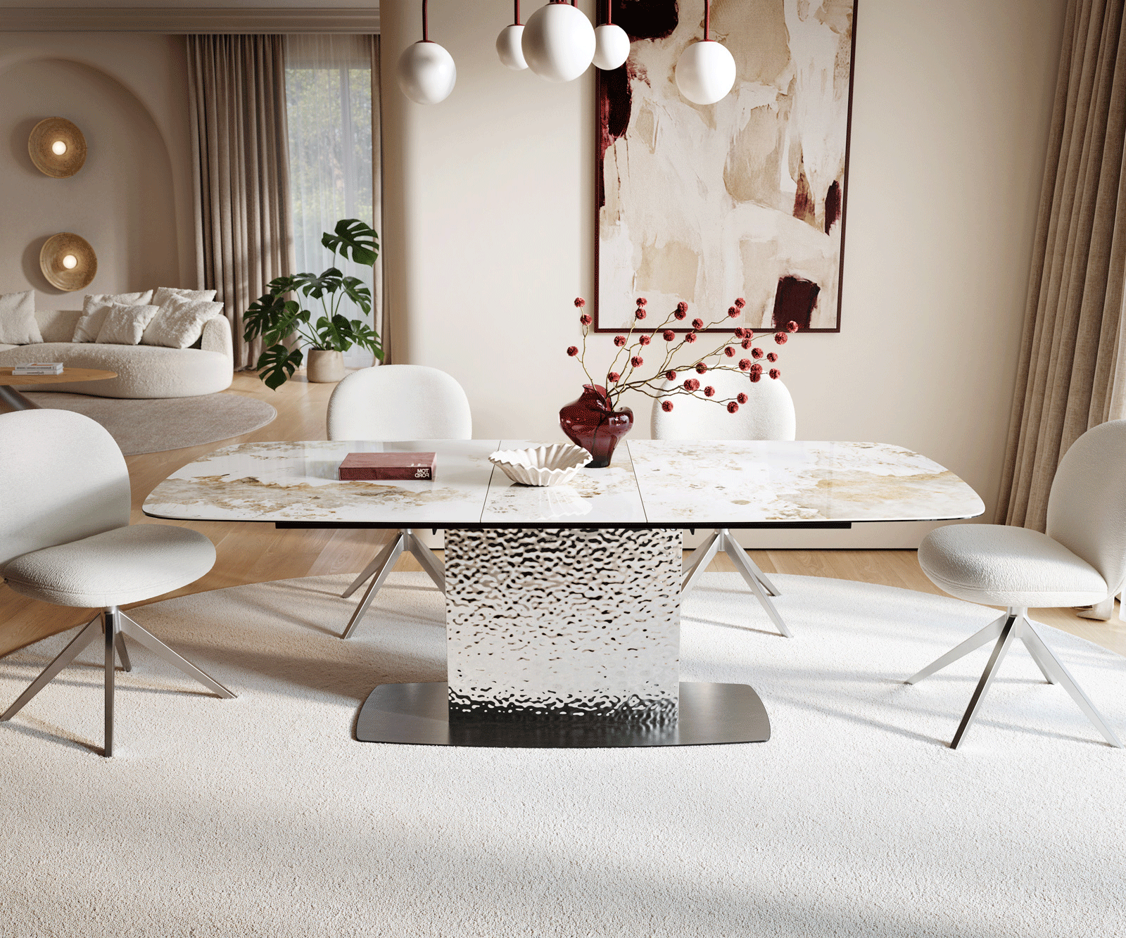 Eettafel Edge Boot 180-220x100 Keramiek Minas Melange Wit-beige Wave RVS uitschuifbaar 1