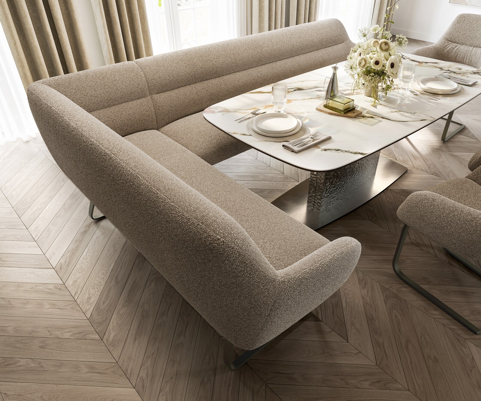 Eetkamerbank Taya-Flex 285x190 cm bouclé mud platte sledebasis afwerking met titaniumeffect pocketvering rechts 4