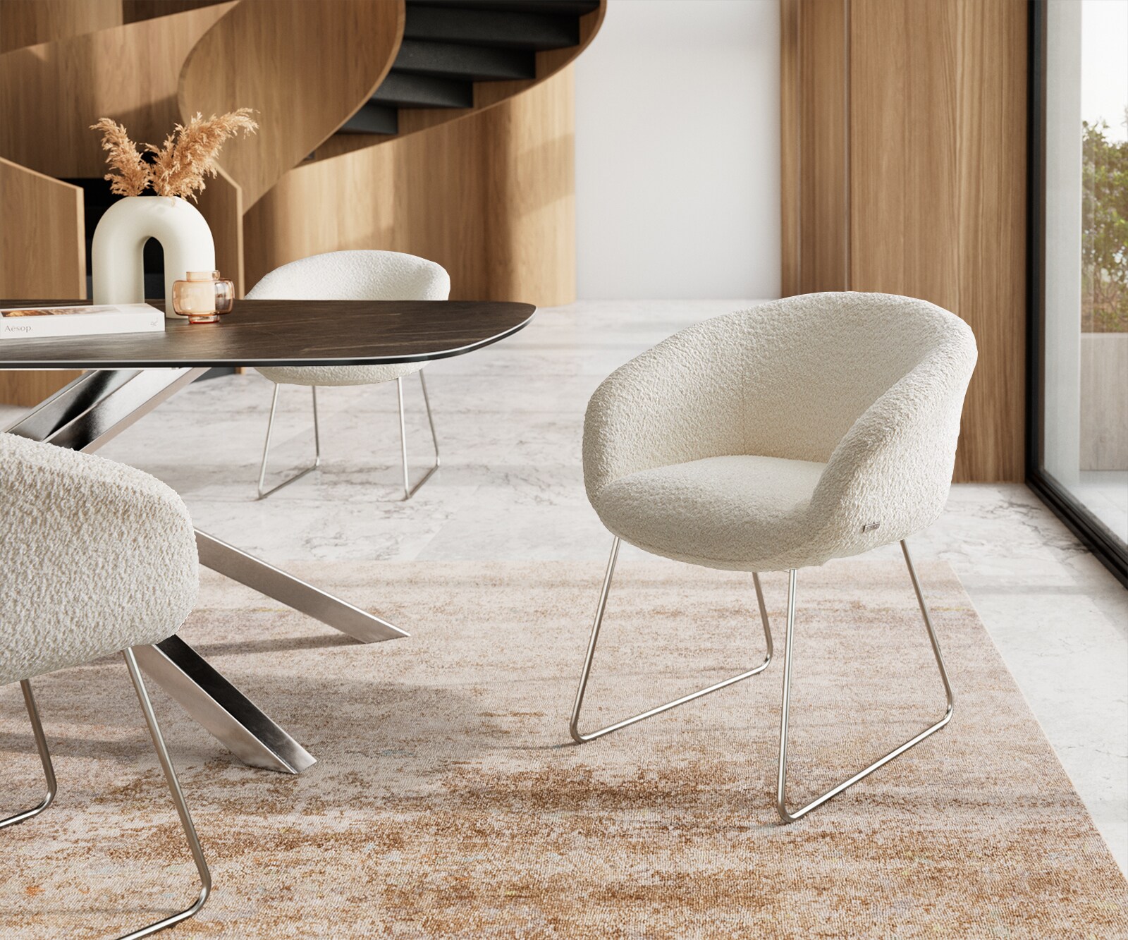 Eetkamerstoel Vinka-Flex met armleuning bouclé wit slipframe roestvrij staal pocketveer kern Eetkamerstoel Vinka-Flex met armleuning bouclé wit slipframe roestvrij staal pocketveer kern