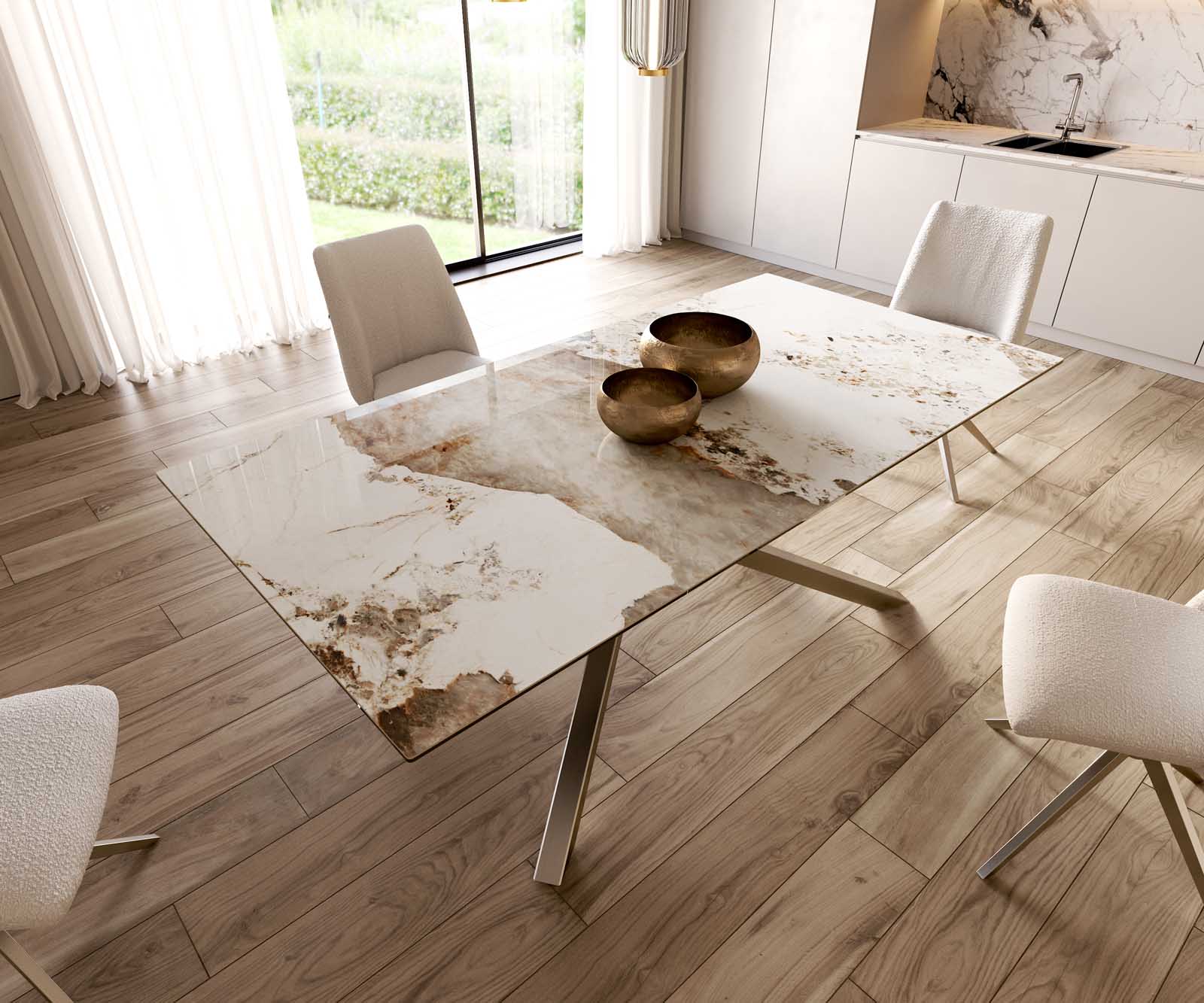 Eetkamertafel Edge 200x100 keramiek Minas Melange wit-beige kruisframe rechthoek RVS 6