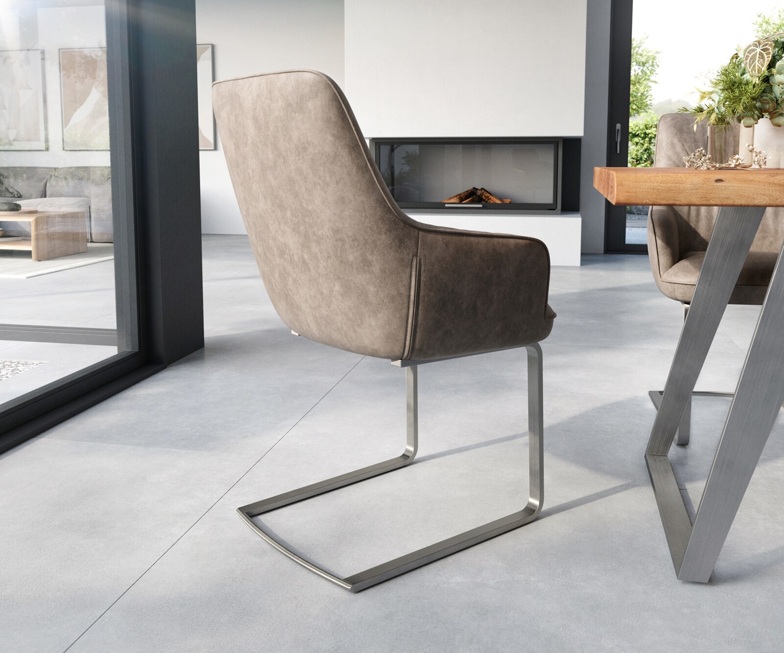 Sledemodel Zelia-Flex met armleuning microvelours taupe vintage sledemodel vlak roestvrij staal pocketveer kern 4