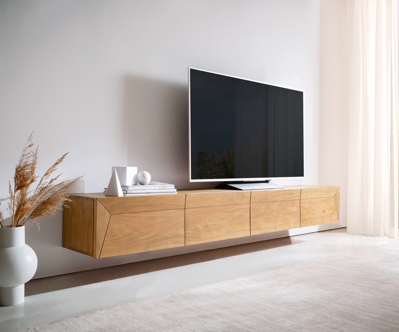 Tv-meubel Kayu 220 cm acacia natuur 4 deuren zwevend Tv-meubel Kayu 220 cm acacia natuur 4 deuren zwevend