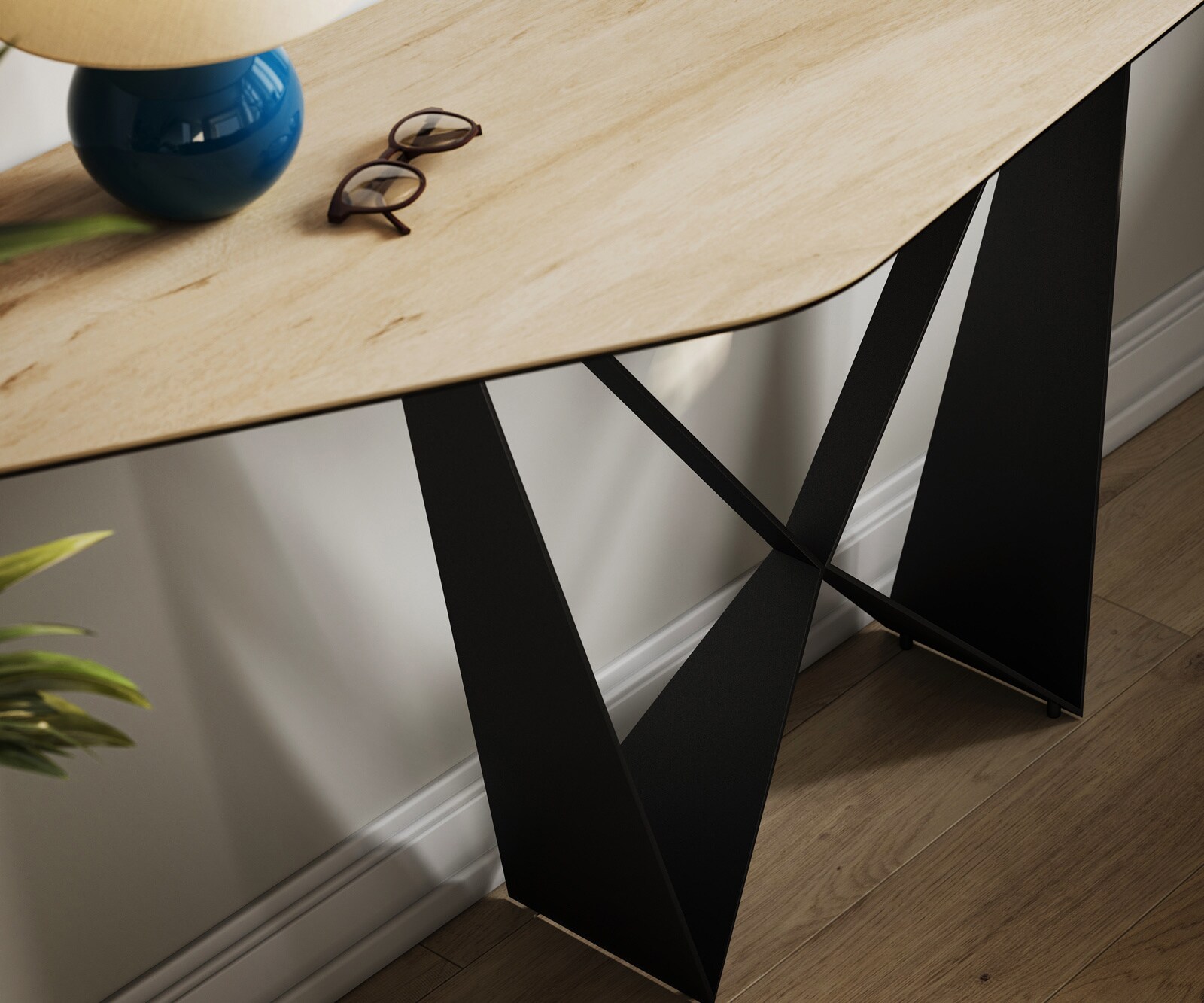 Consoletafel Edge Polygonaal 180x50 cm Keramiek Laminam® Sabbia Eichefarbig Spios Metaal Zwart 6