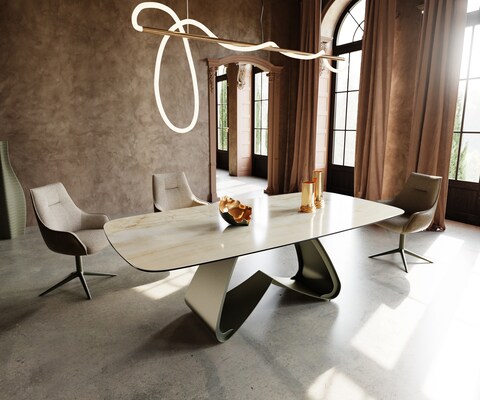Eetkamertafel Edge Boot 240x120 cm Keramiek Iris FMG Onice Oro W-onderstel Metaal Effectafwerking Titan