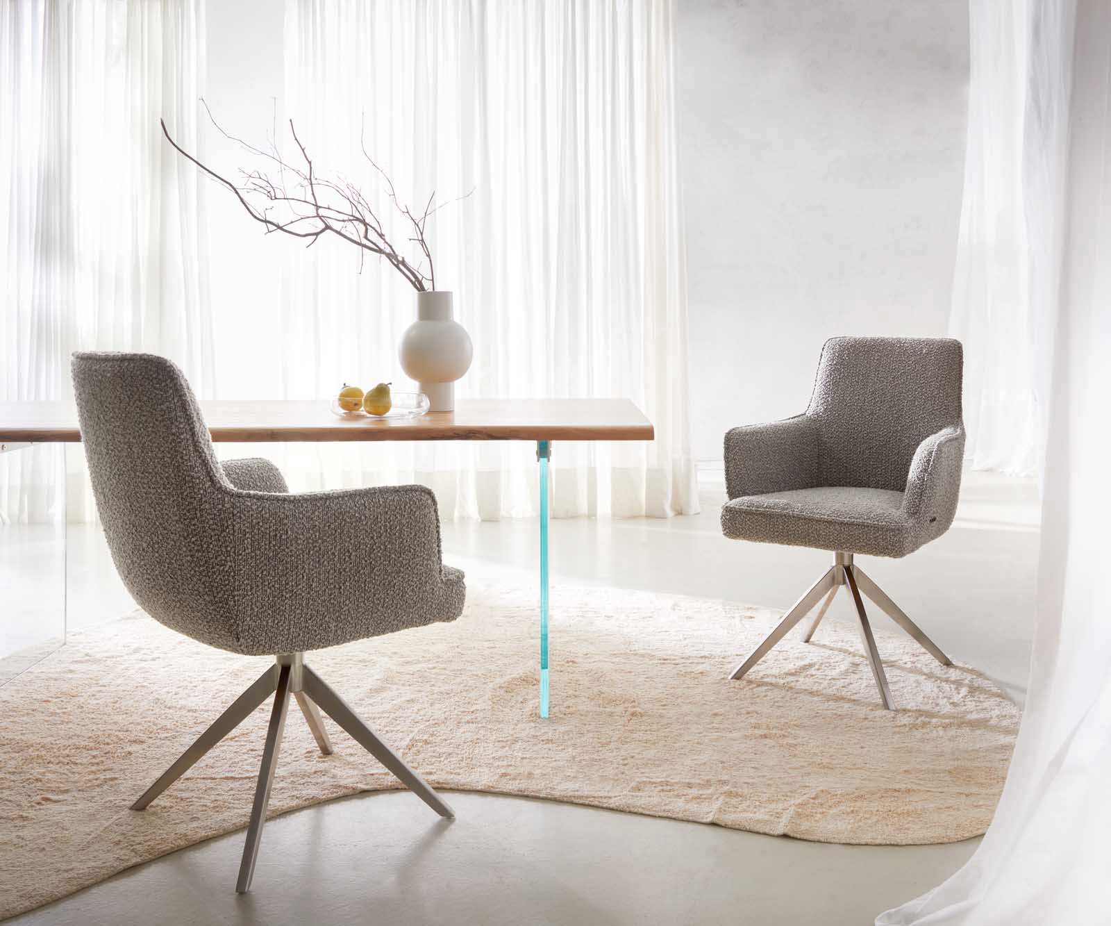 Draaistoel Heira-Flex met armleuning bouclé zilver grijs kruisframe breed roestvrij staal 360° draaibaar pocketveer kern 5 Draaistoel Heira-Flex met armleuning bouclé zilver grijs kruisframe breed roestvrij staal 360° draaibaar pocketveer kern 5