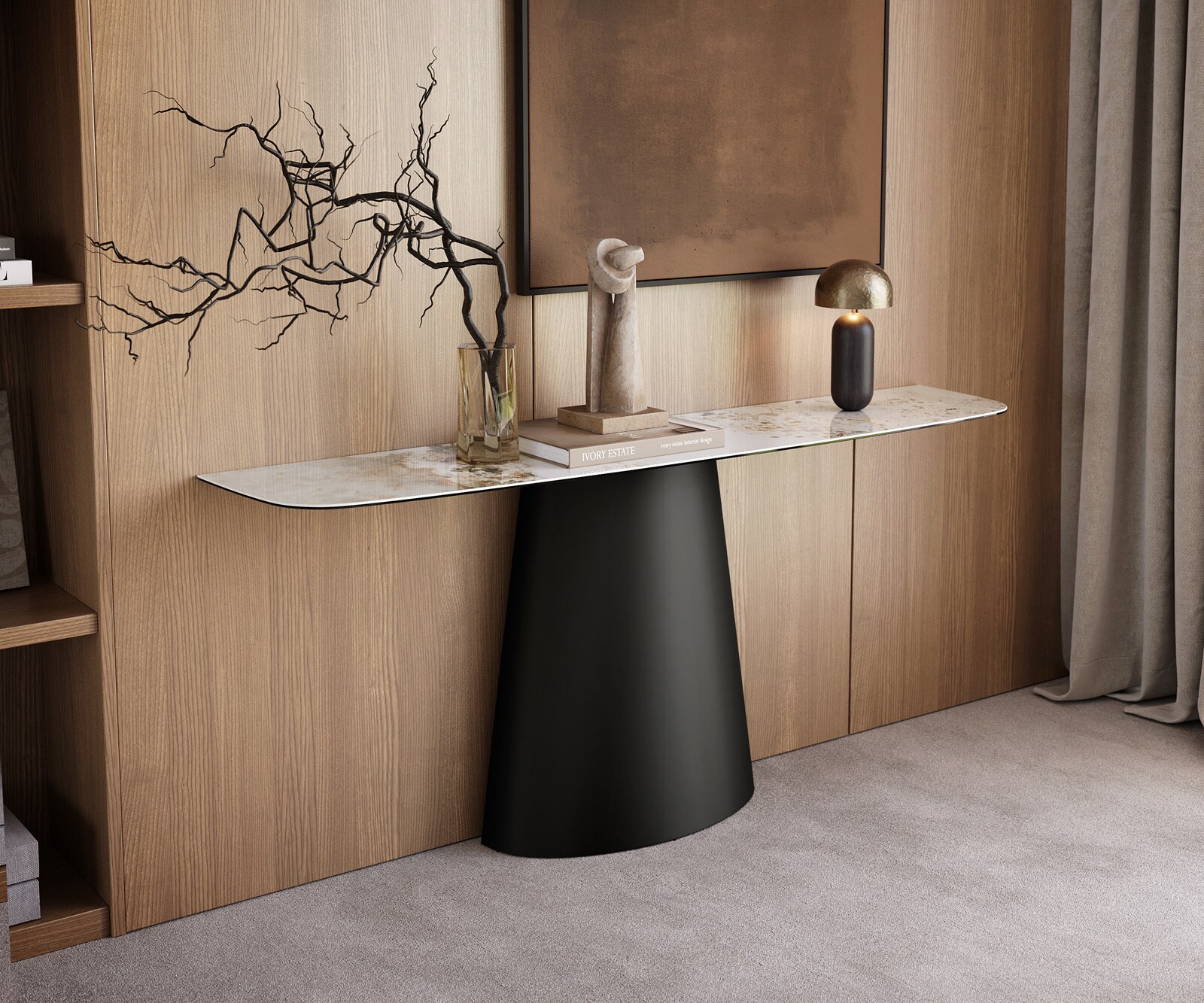 Consoletafel Edge Bootvorm 180x40 cm Keramiek Minas Melange Weiß-Beige Conos Metaal Zwart 1