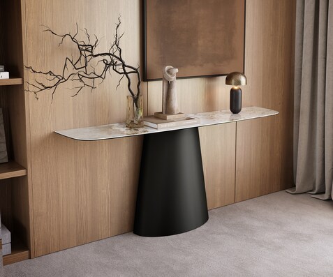 Consoletafel Edge Bootvorm 180x40 cm Keramiek Minas Melange Weiß-Beige Conos Metaal Zwart