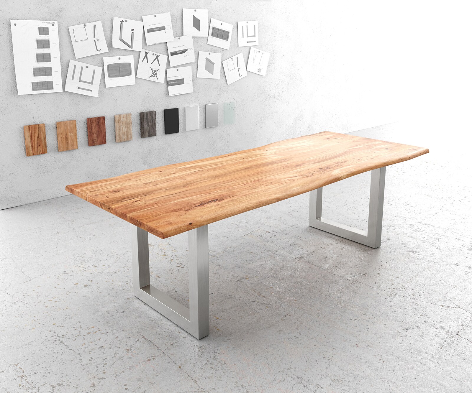Eettafel Edge 240x100cm acacia natuur roestvrijstaal breed Live-Edge 1