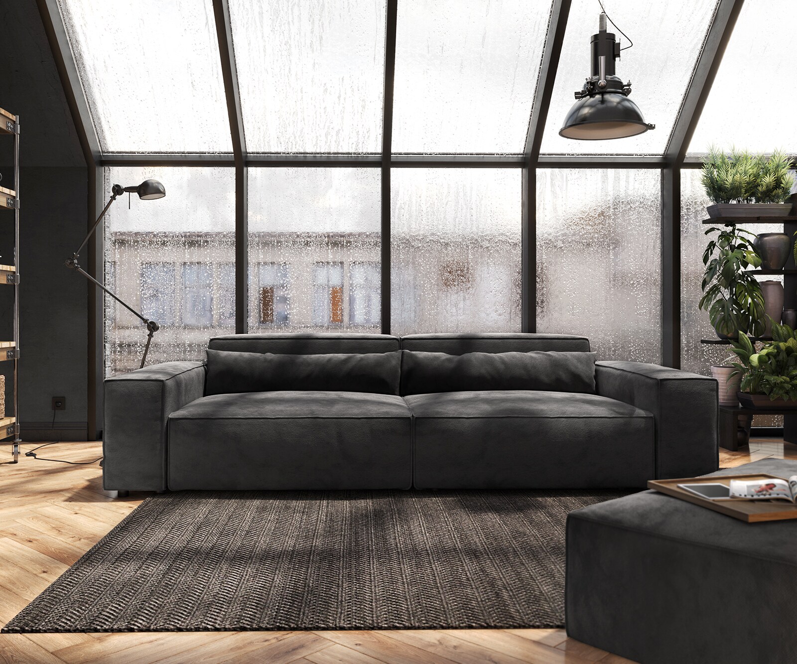 Big-sofa Sirpio XL 270x130 cm microvezel zwart met kruk 1 Big-sofa Sirpio XL 270x130 cm microvezel zwart met kruk 1