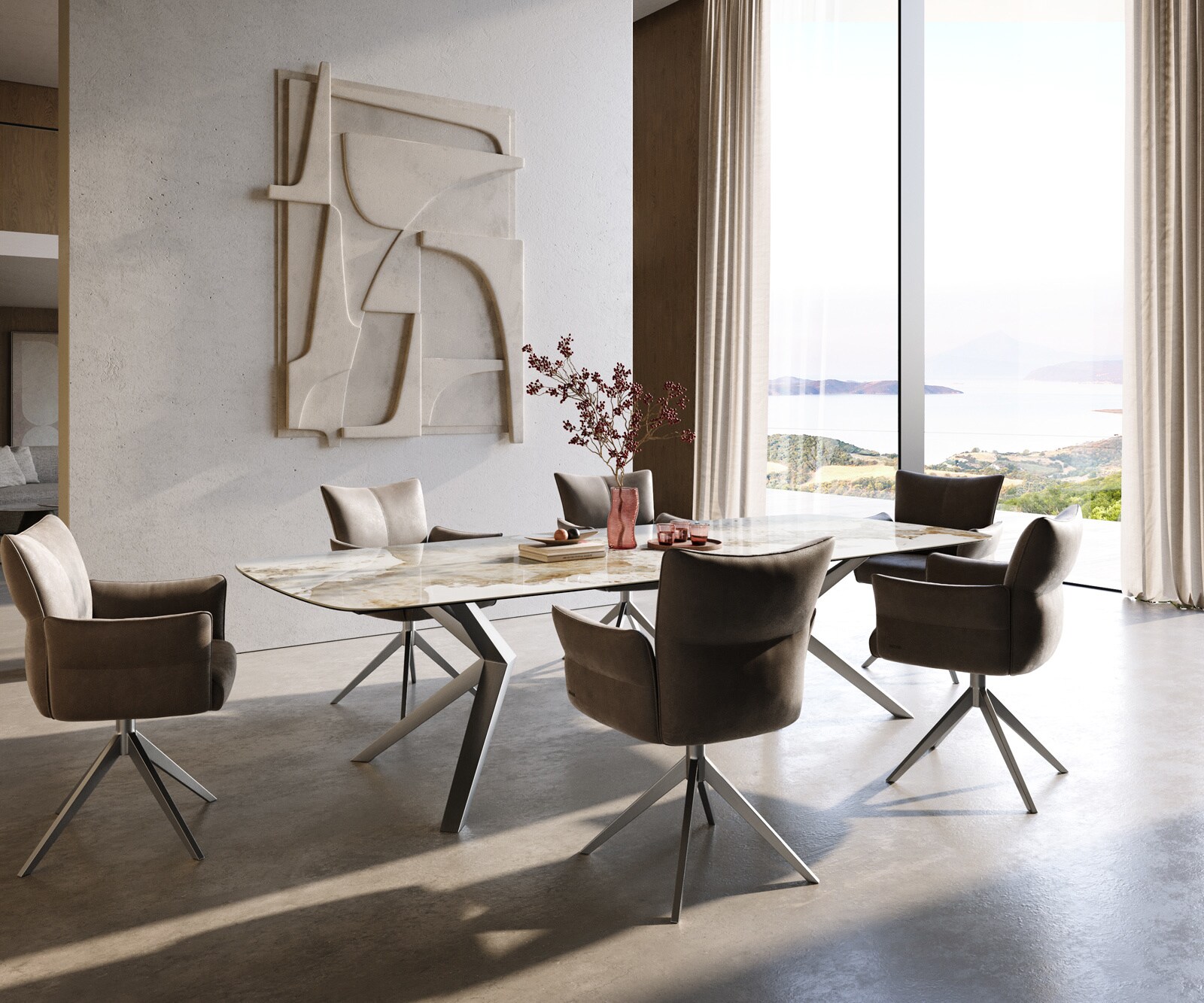 Eettafel Edge Boot 300x120 cm Keramiek Minas Melange Wit-Beige Zenthara hoekig Roestvrij staal 6