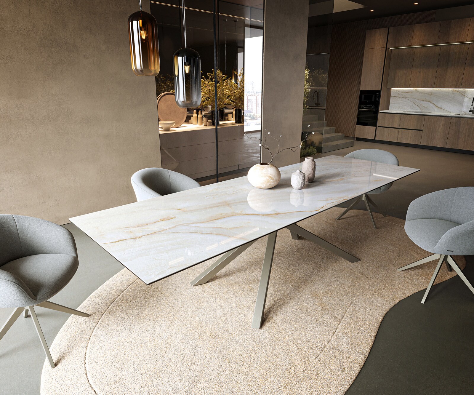 Eettafel Edge 300x100 cm keramiek Onyx Pearl kruisframe rechthoekig effectfinish titan