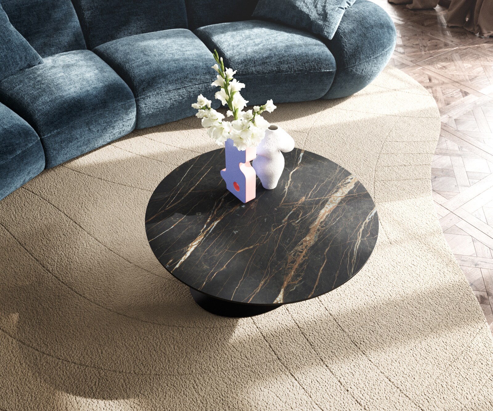 Salontafel Edge rond 90x90 cm keramiek Laminam® Noir Desir bruin Conis zwart metaal 4