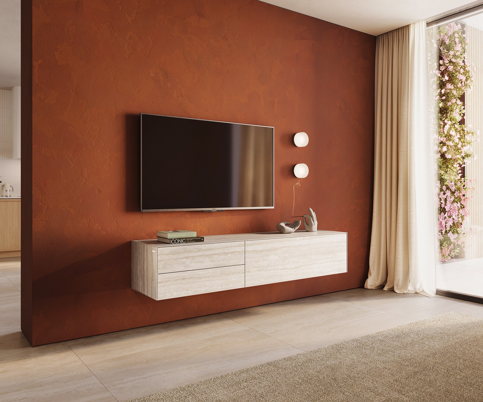 Tv-meubel Cuor 180 cm Keramiek Laminam® Travertino Bianco Crème-wit 1 Flap 2 Laden Zwevend