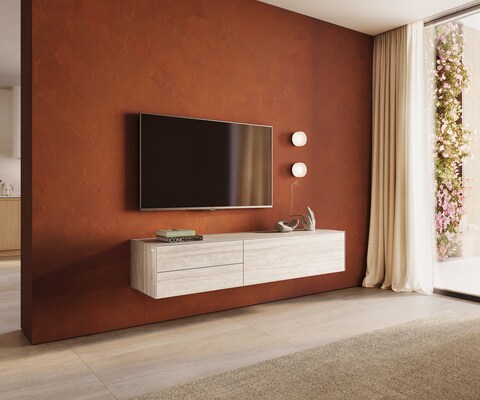 Tv-meubel Cuor 180 cm Keramiek Laminam® Travertino Bianco Crème-wit 1 Flap 2 Laden Zwevend