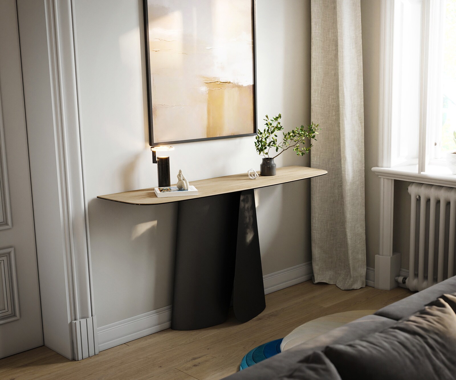 Consoletafel Edge Bootvorm 140x40 cm Keramiek Laminam® Sabbia Eichefarbig Livos Metaal Zwart 4