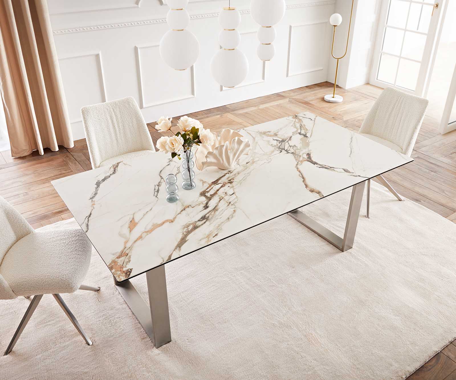 Eetkamertafel Edge 200x100 keramiek Calacatta Luxe wit-goud-grijs RVS Schmal 6 Eetkamertafel Edge 200x100 keramiek Calacatta Luxe wit-goud-grijs RVS Schmal 6