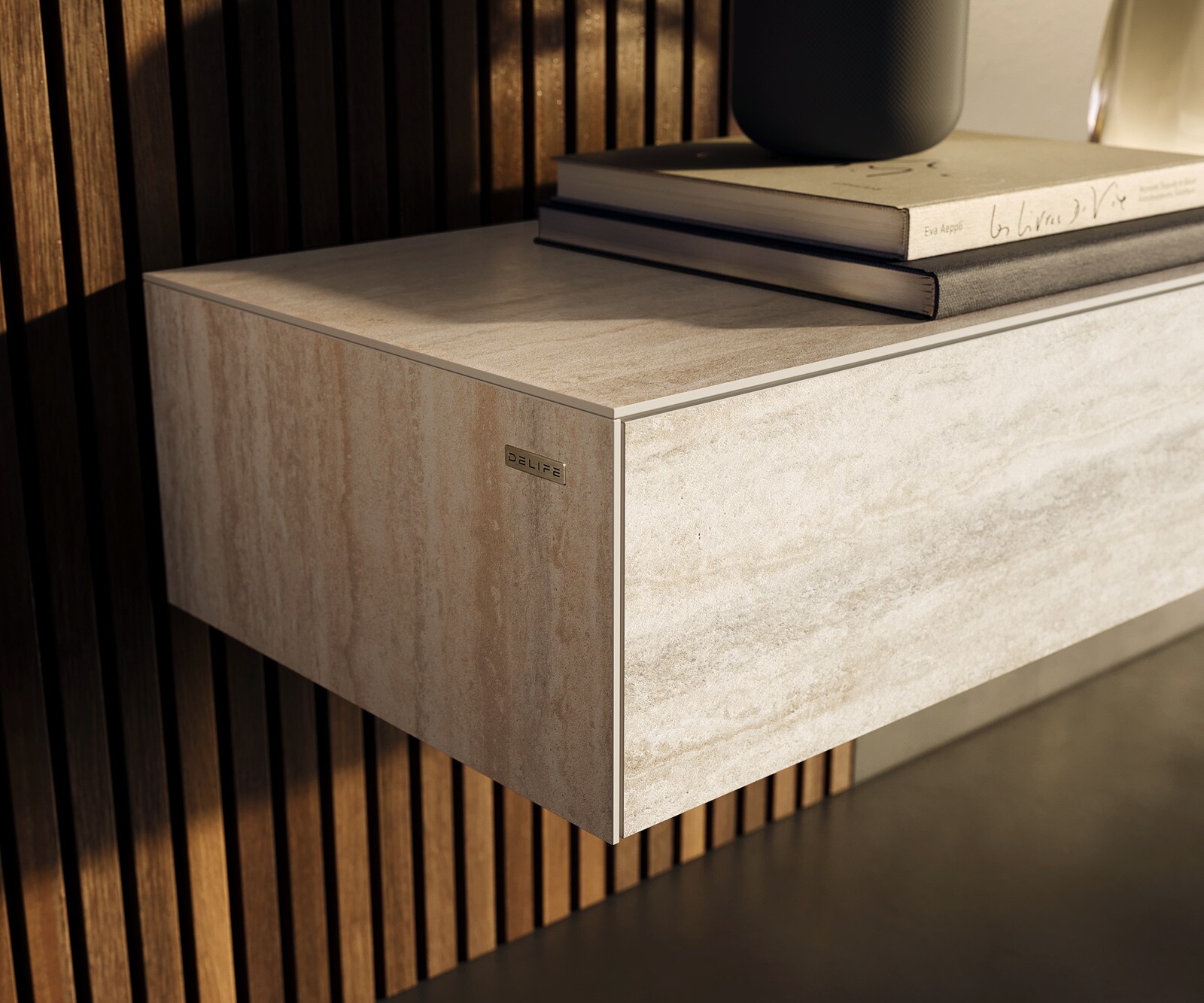 Tv-meubel Cuor 250 cm Keramiek Laminam® Travertino Bianco Crème-wit 1 Flap 1 Lade Zwevend 5