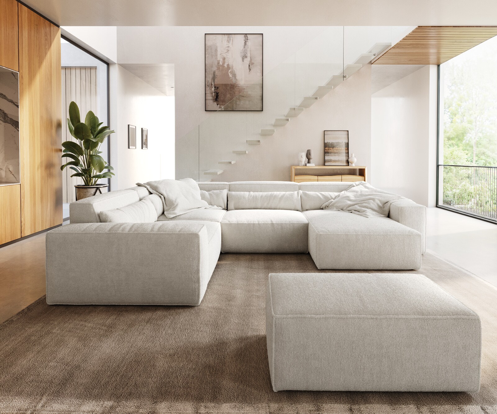 Woonkamer landschap Sirpio 300x210 cm bouclee crème-wit recamiere variabele met kruk 7