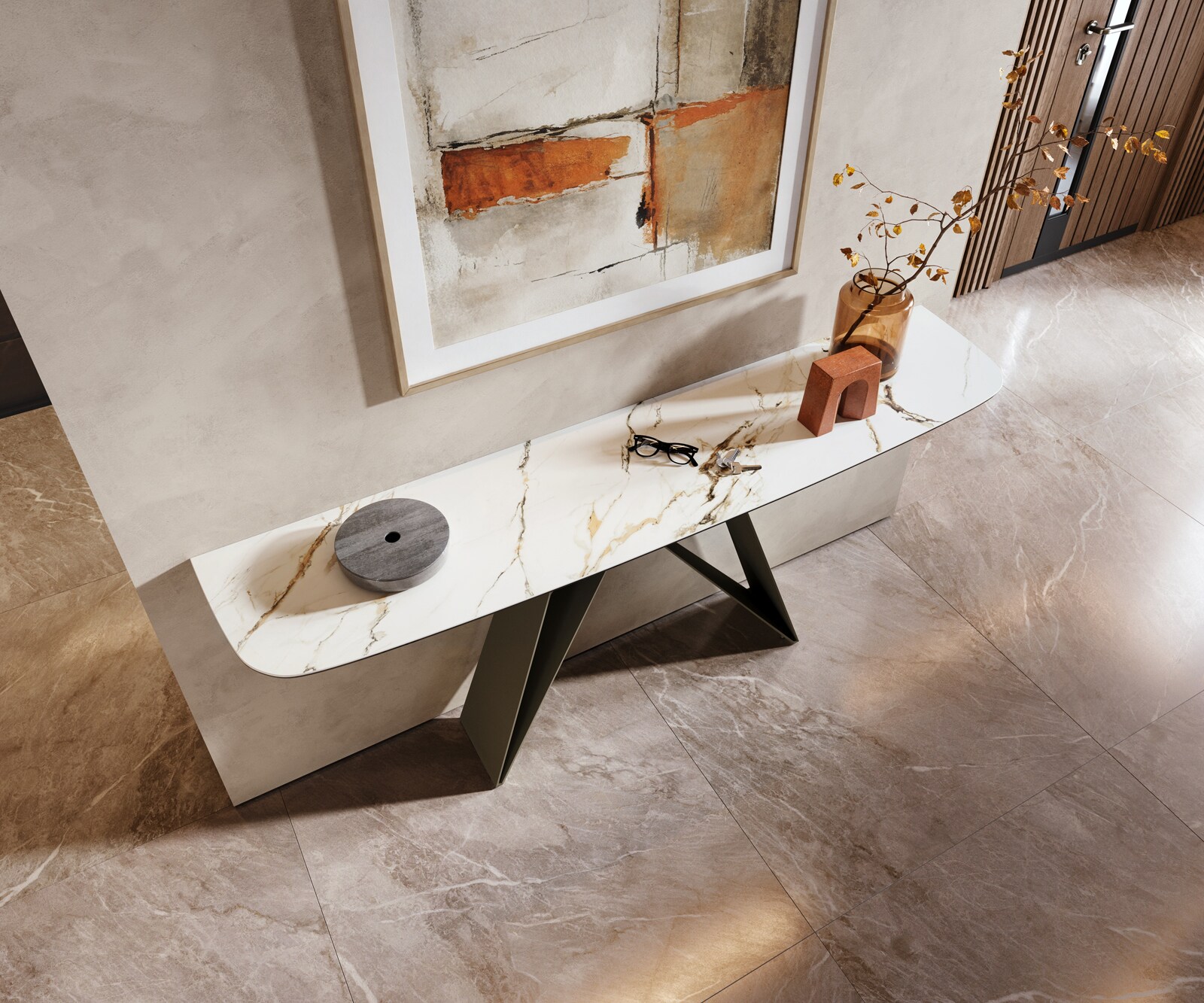Consoletafel Edge Bootvorm 180x40 cm Keramiek Calacatta Luxe Weiß-Gold-Grijs Velio Metaal Effektfinish Titan 2