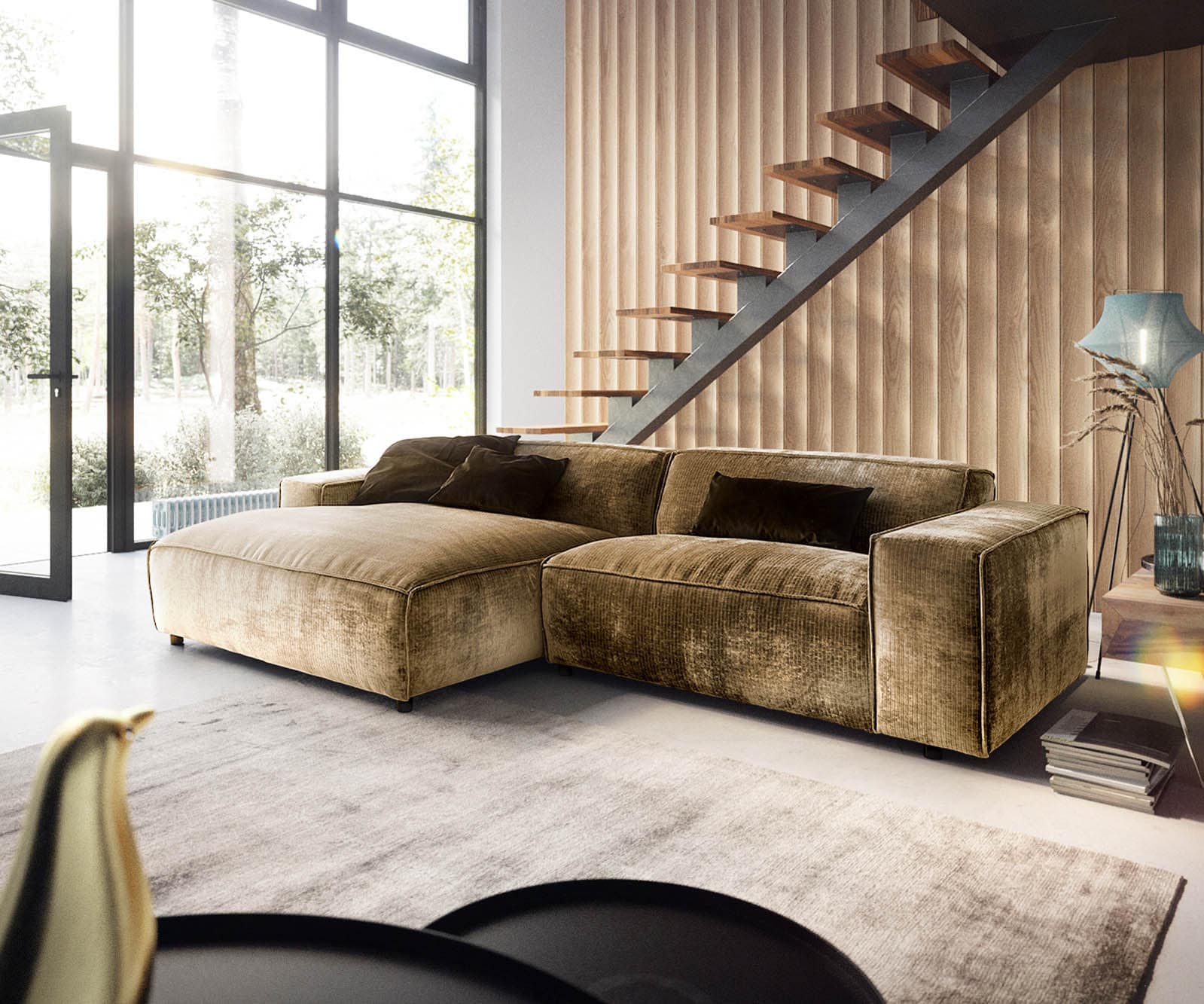 DELIFE Hoekbank Tenso 280x165 cm chenille gold recamiere links