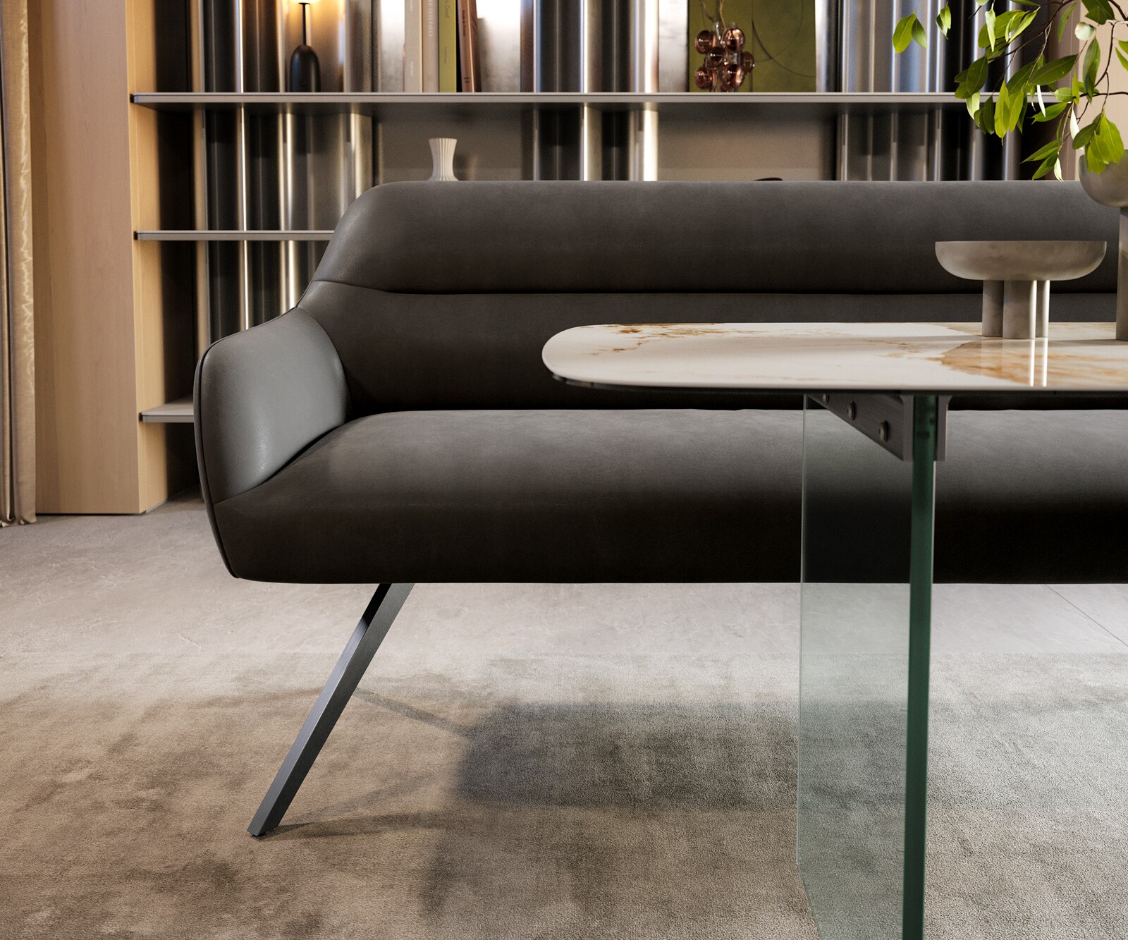 Eetkamerbank Taya-Flex 200 cm microvelours anthraciet vintage hoekig kruisframe grafiet pocketvering 1