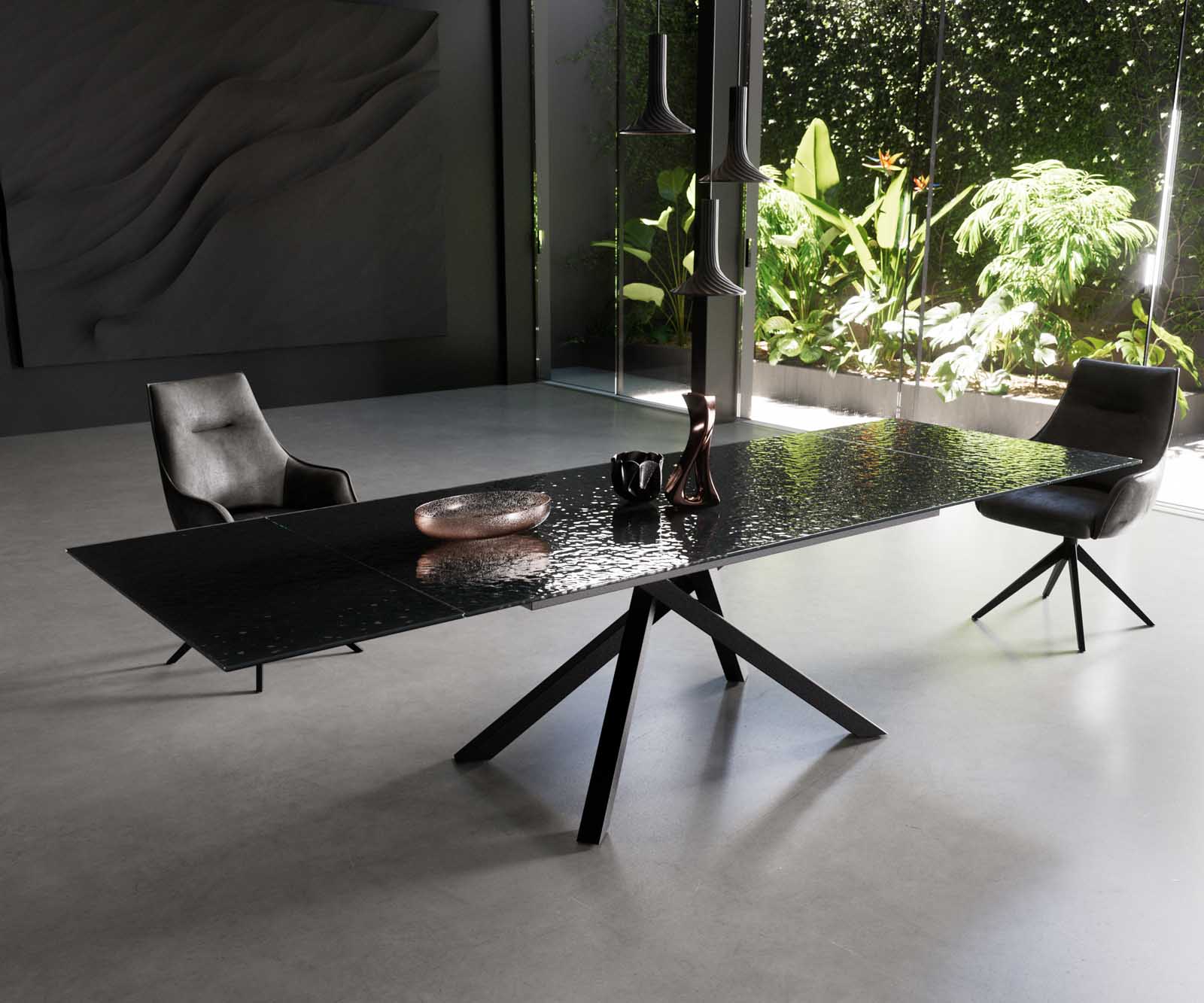Eetkamertafel Edge 200-300x100 Glas smelten rokerig zwart 3D-Relief kruisframe rechthoek zwart uitschuifbaar Eetkamertafel Edge 200-300x100 Glas smelten rokerig zwart 3D-Relief kruisframe rechthoek zwart uitschuifbaar