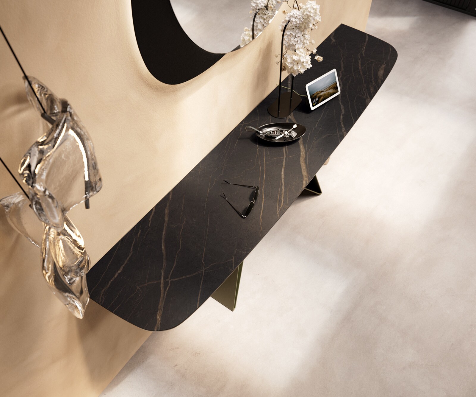 Consoletafel Edge Bootvorm 180x40 cm Keramiek Laminam® Noir Desir Braun Velio Metaal Effektfinish Titan 2