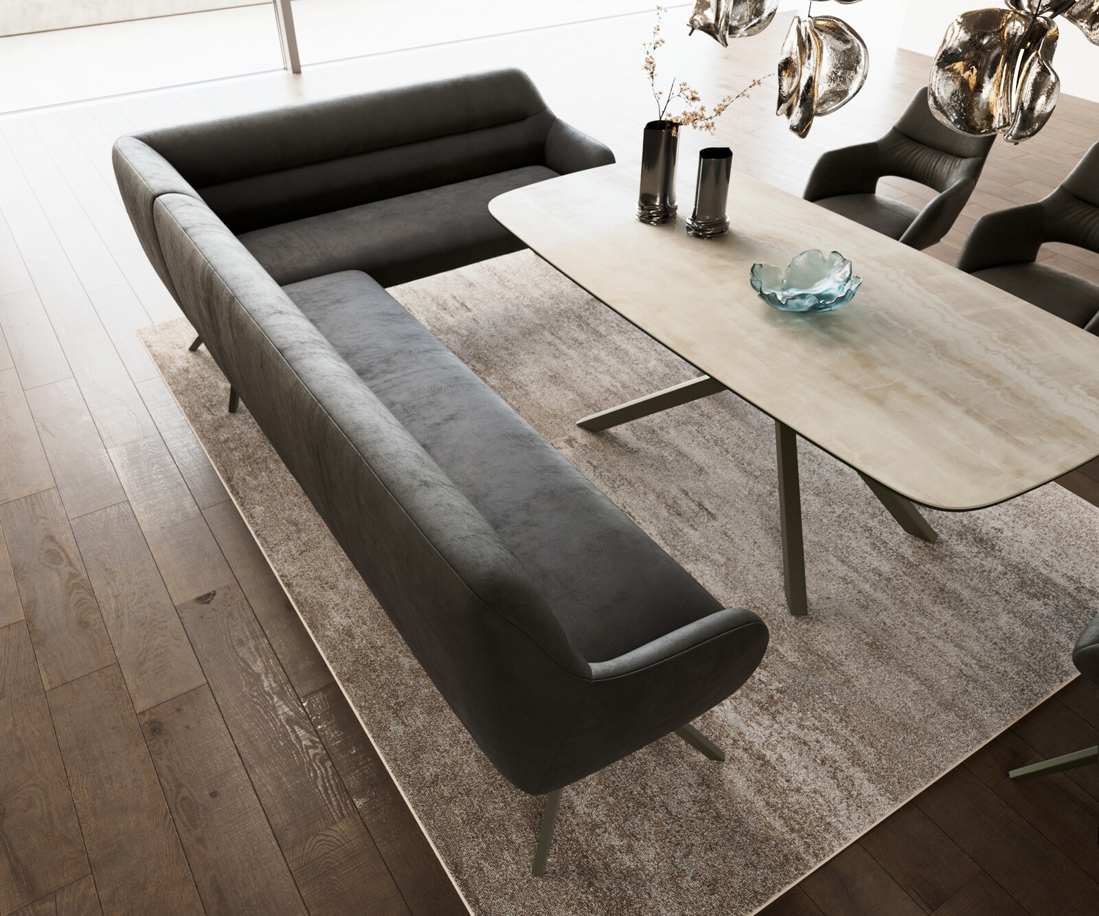 Eetkamerbank Taya-Flex 285x190 cm microvelours anthraciet vintage hoekig kruisframe afwerking met titaniumeffect pocketvering links 4