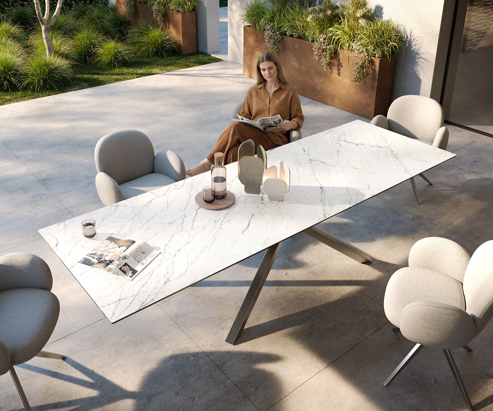 Outdoortafel Edge 300x100 cm keramiek Laminam® Statuarietto wit kruispoot rechthoekig roestvrij staal 3