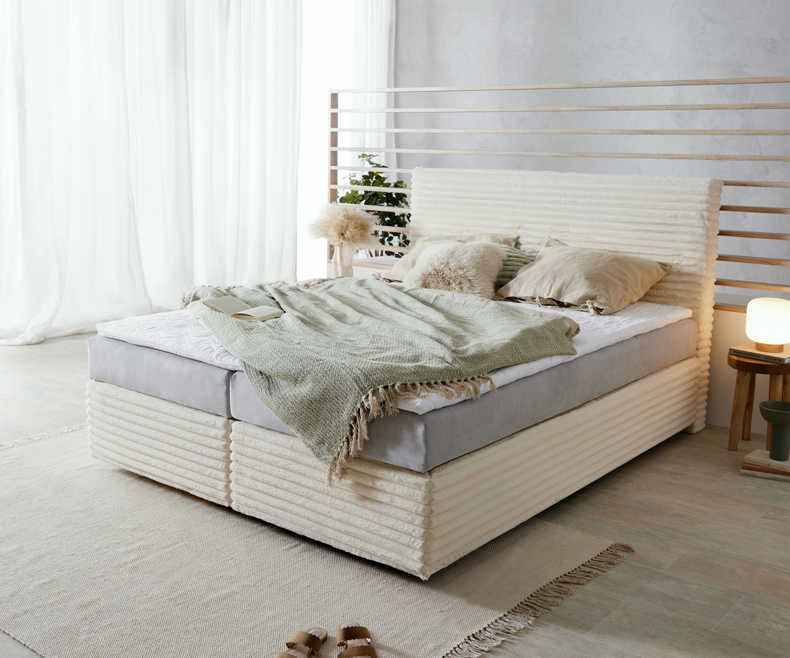Boxspringbed Dream-Well pluche corduroy beige 160x200 cm TFK matras Visco topper Boxspringbed Dream-Well pluche corduroy beige 160x200 cm TFK matras Visco topper