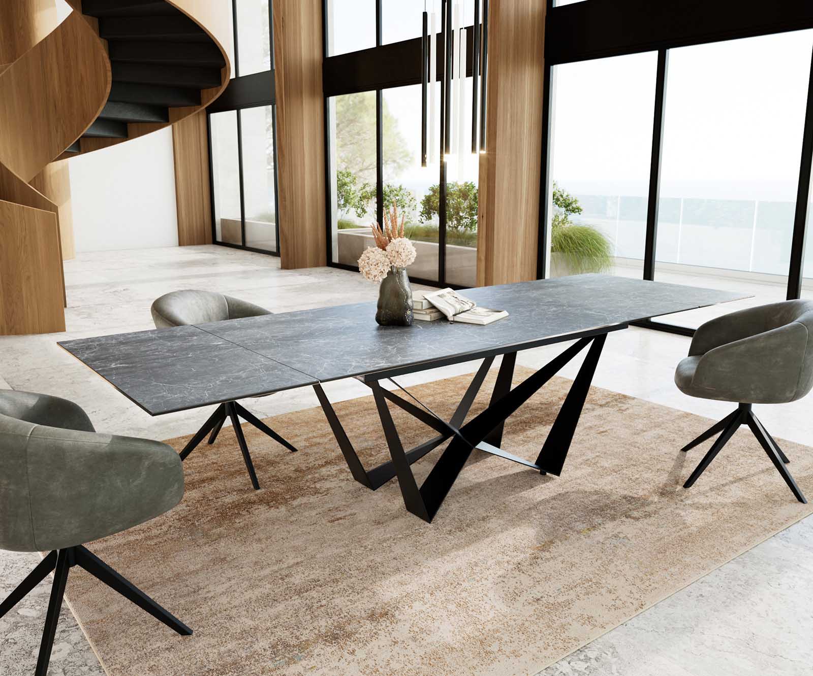 Eetkamertafel Edge 200-300x100 keramiek Laminam®Nero Greco grijs spider vlak staal zwart uitschuifbaar 5