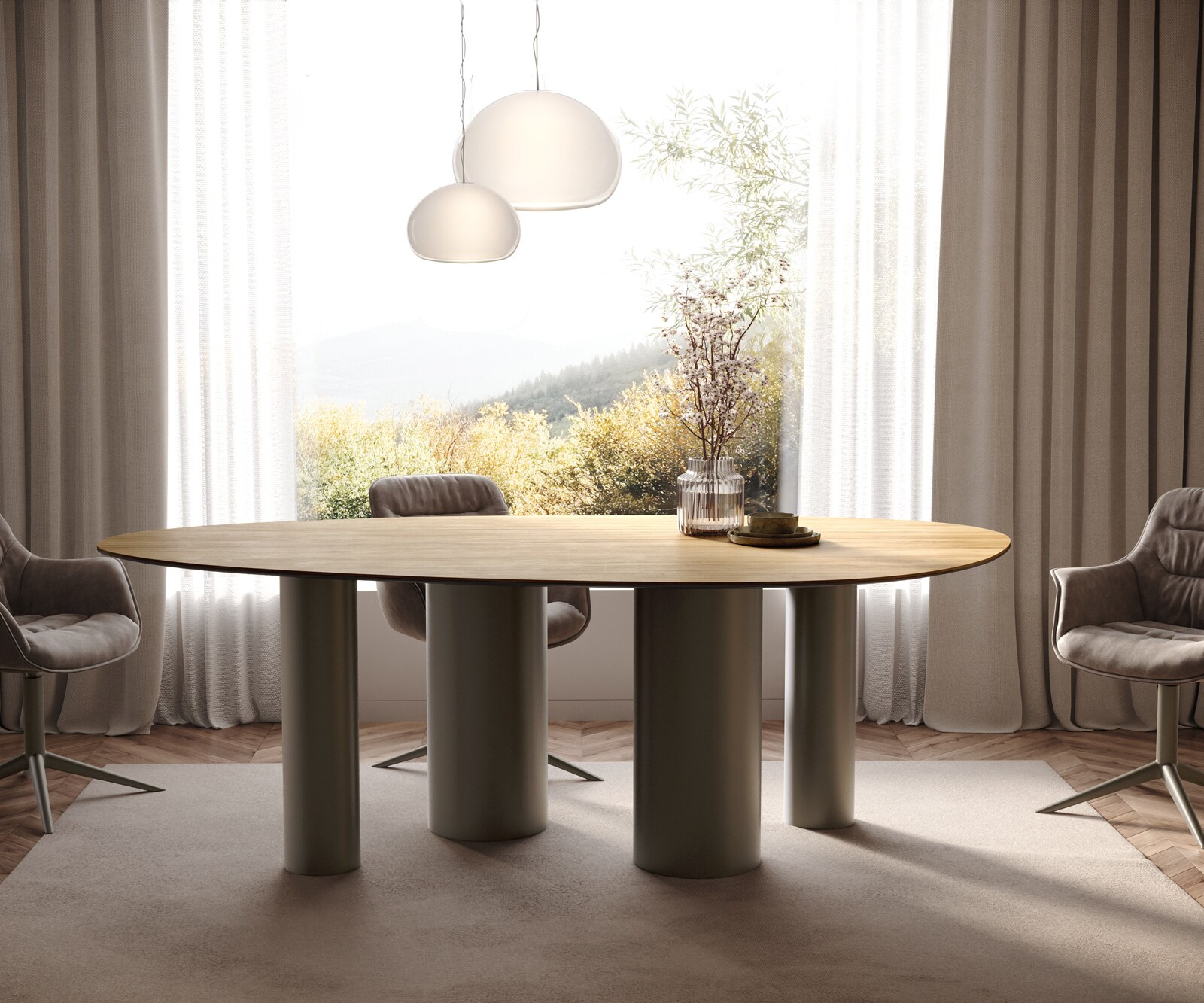 Eetkamertafel Edge ovaal 220x120 keramiek Laminam® Sabbia eiken kleur Pilier metaal effectafwerking titaan 1
