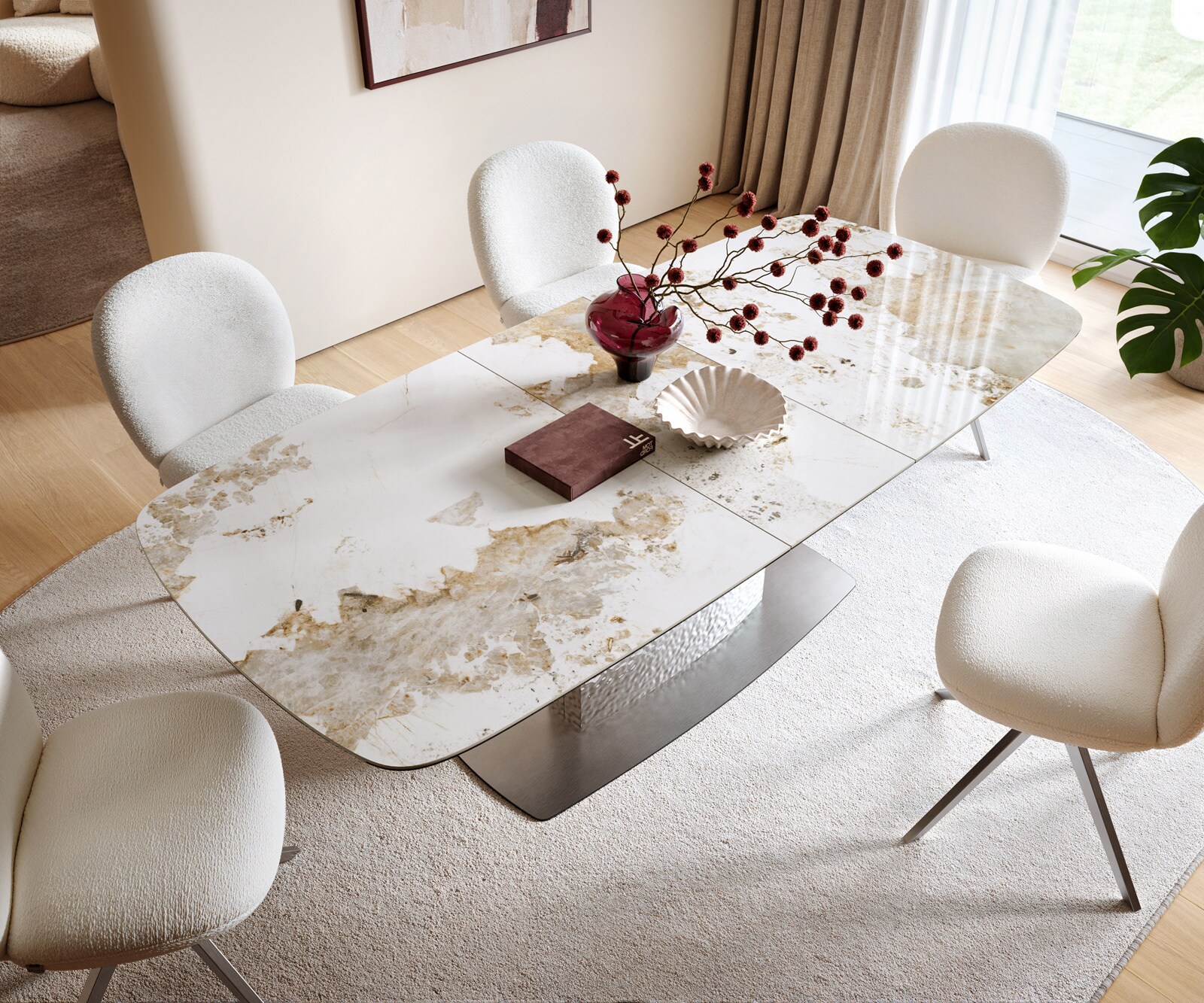 Eettafel Edge Boot 180-220x100 Keramiek Minas Melange Wit-beige Wave RVS uitschuifbaar 3