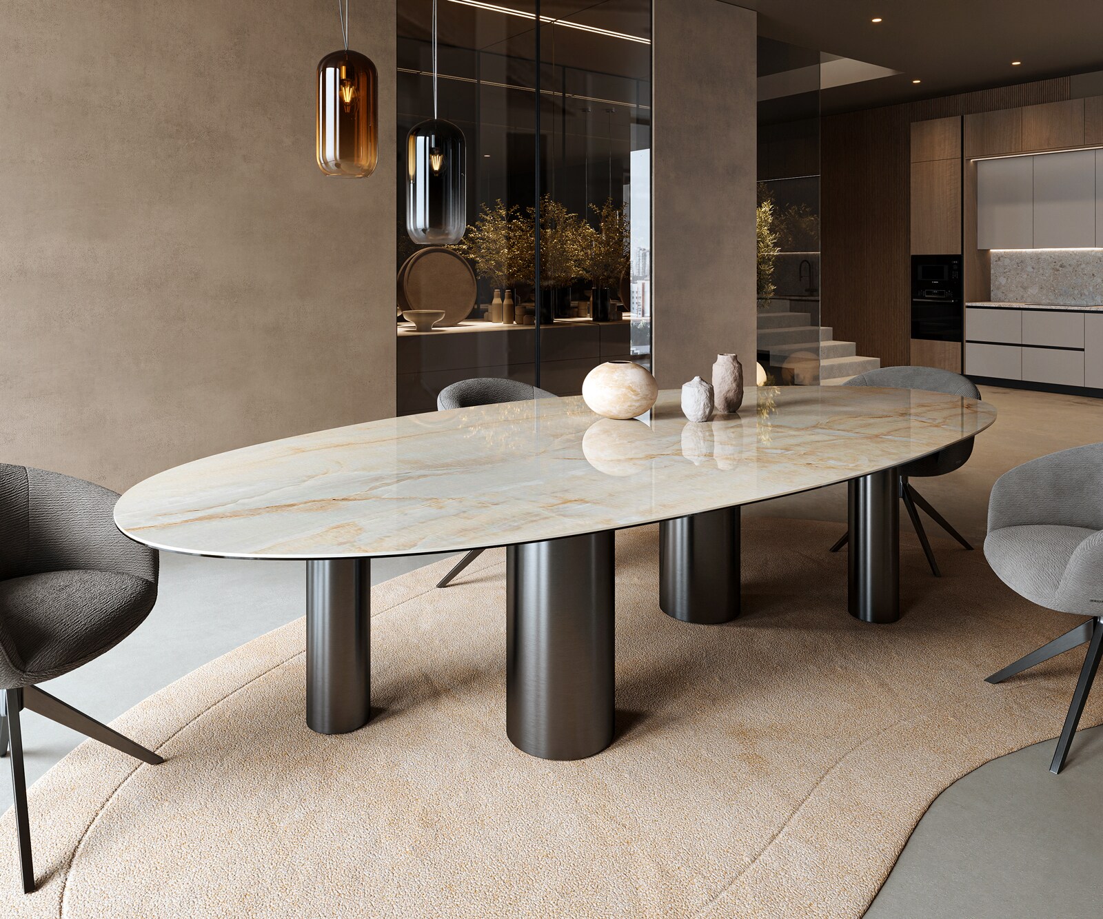 Eetkamertafel Edge Oval 315x150 cm Keramiek Iris FMG Onice Oro Pilier Metaal Zwart 1