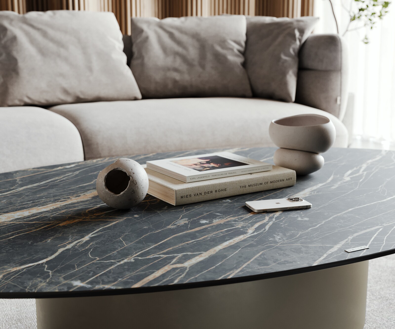 Salontafel Casilda 150x90 cm keramiek Laminam®Noir Desir Bruin middenpoot titaniumeffect 6