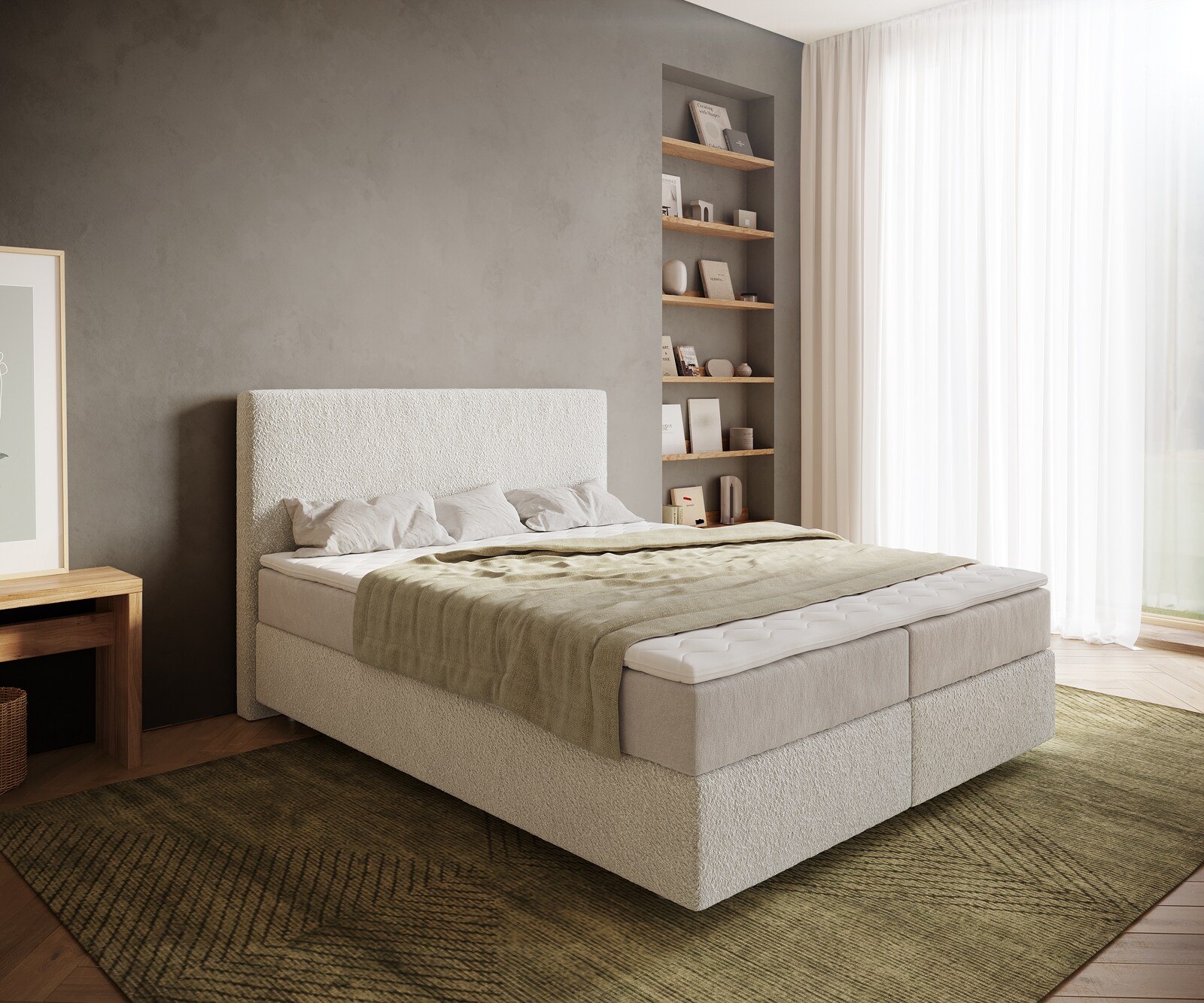 Boxspringbed Dream-Well 160x200 cm Bouclé Crème-Wit met Pocketveringmatras en Topper Visco