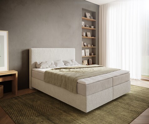 Boxspringbed Dream-Well 160x200 cm Bouclé Crème-Wit met Pocketveringmatras en Topper Visco